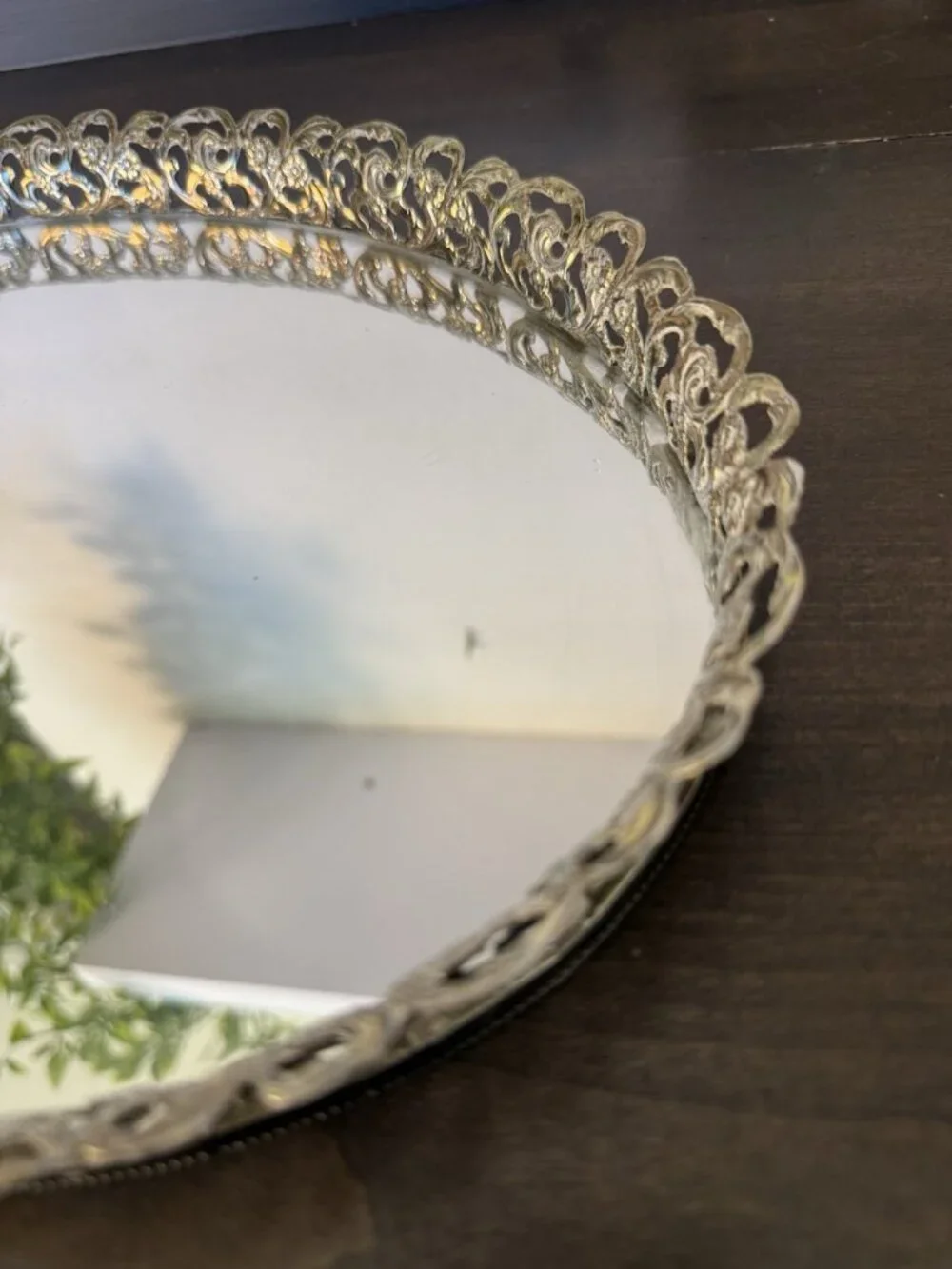 Vintage Oval Gold-tone Filigree Mirrored Vanity Tray Rose Boarder
